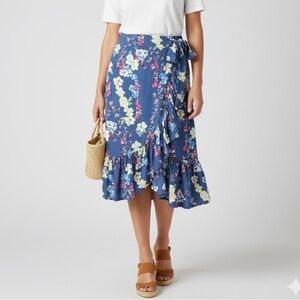 Rose + Olive Blue Floral Flutter Trim Warp Front Midi Skirt Size S